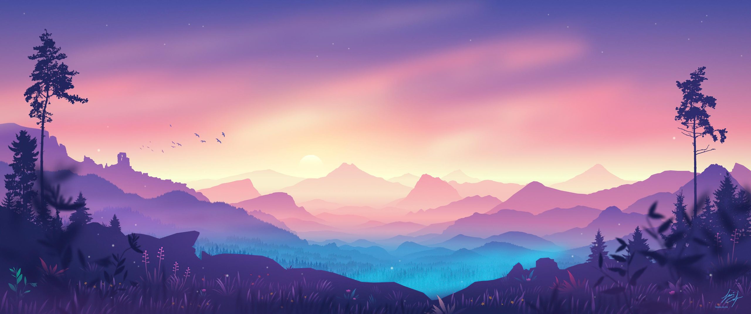 Mountain Sunset Sky Trees